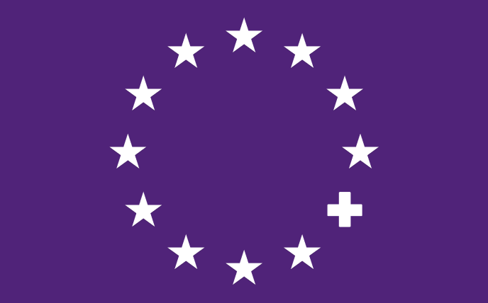 Violettes Bild mit den 12 EU Sternen. Einer der Sterne ist jedoch das Schweizer Kreuz